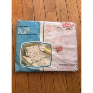 NOS Vintage Fashion manor  Muslin Twin Fitted Sheet Pink Rose Floral